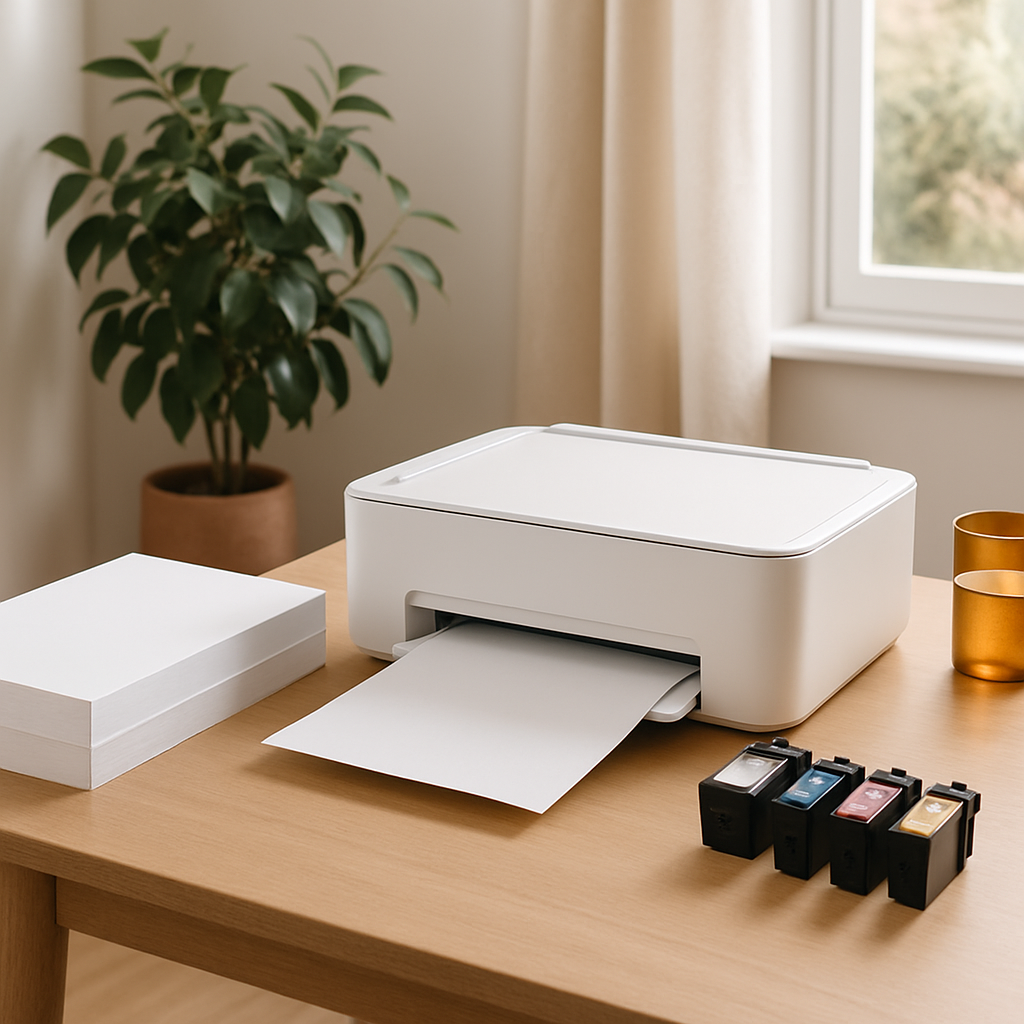 Home office supplies — paper reams, ink and printer on a tidy desk