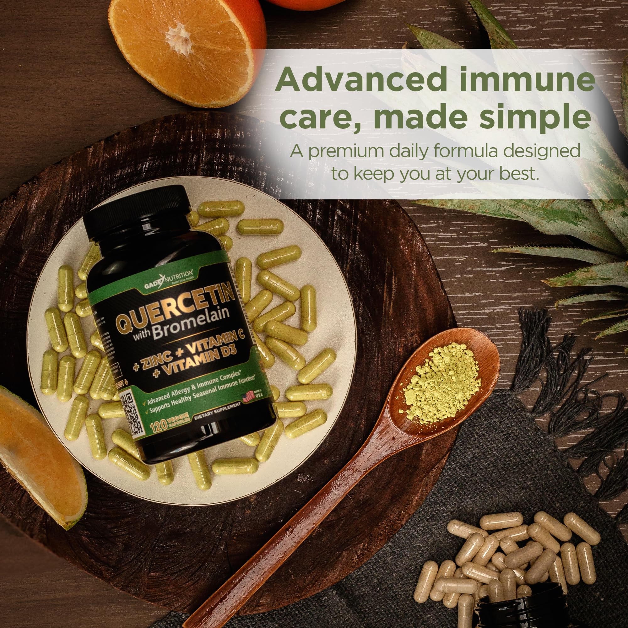 GADE NUTRITION ingredientes clave dispuestos para destacar la fórmula 5 en 1