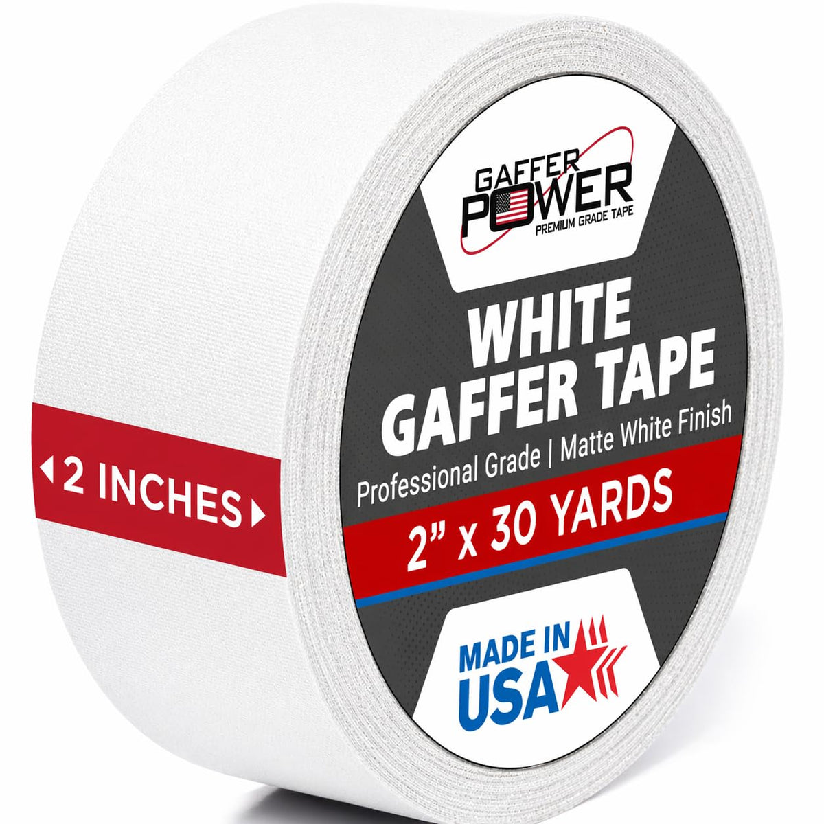 Gaffer Power caja frontal mostrando rollo y etiqueta blanca para organización