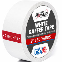 Gaffer Power caja frontal mostrando rollo y etiqueta blanca para organización