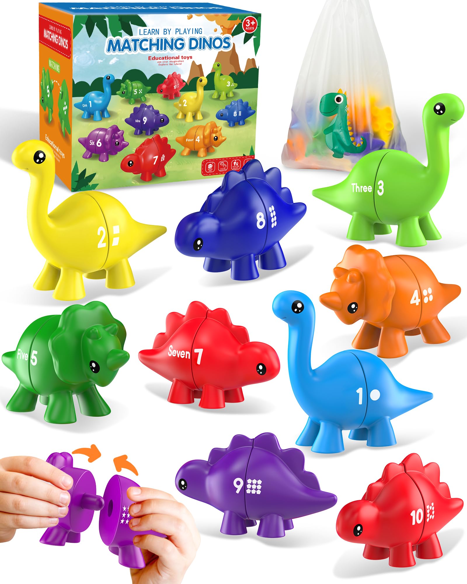 Gagule frontal del set de dinosaurios numerados mostrando las diez piezas y la caja