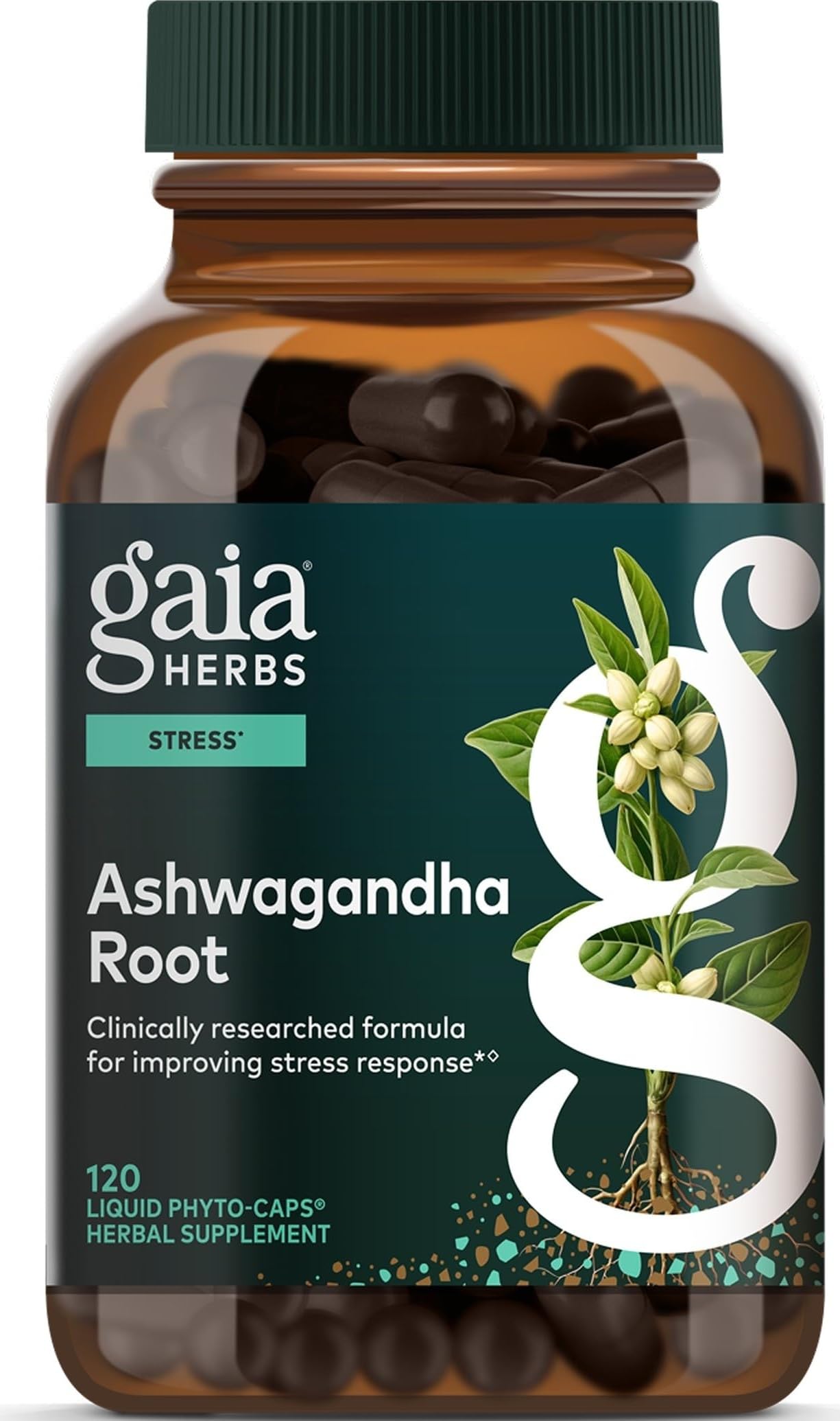 Gaia Herbs frasco frontal mostrando diseño y cantidad útil
