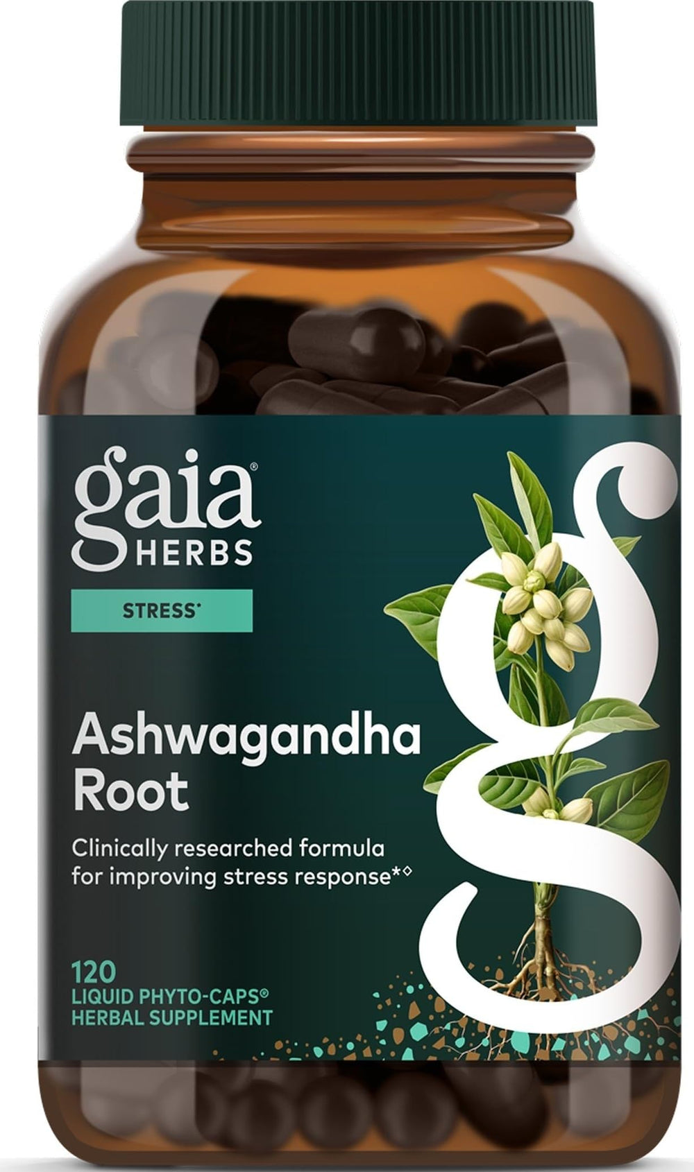 Gaia Herbs frasco frontal mostrando diseño y cantidad útil