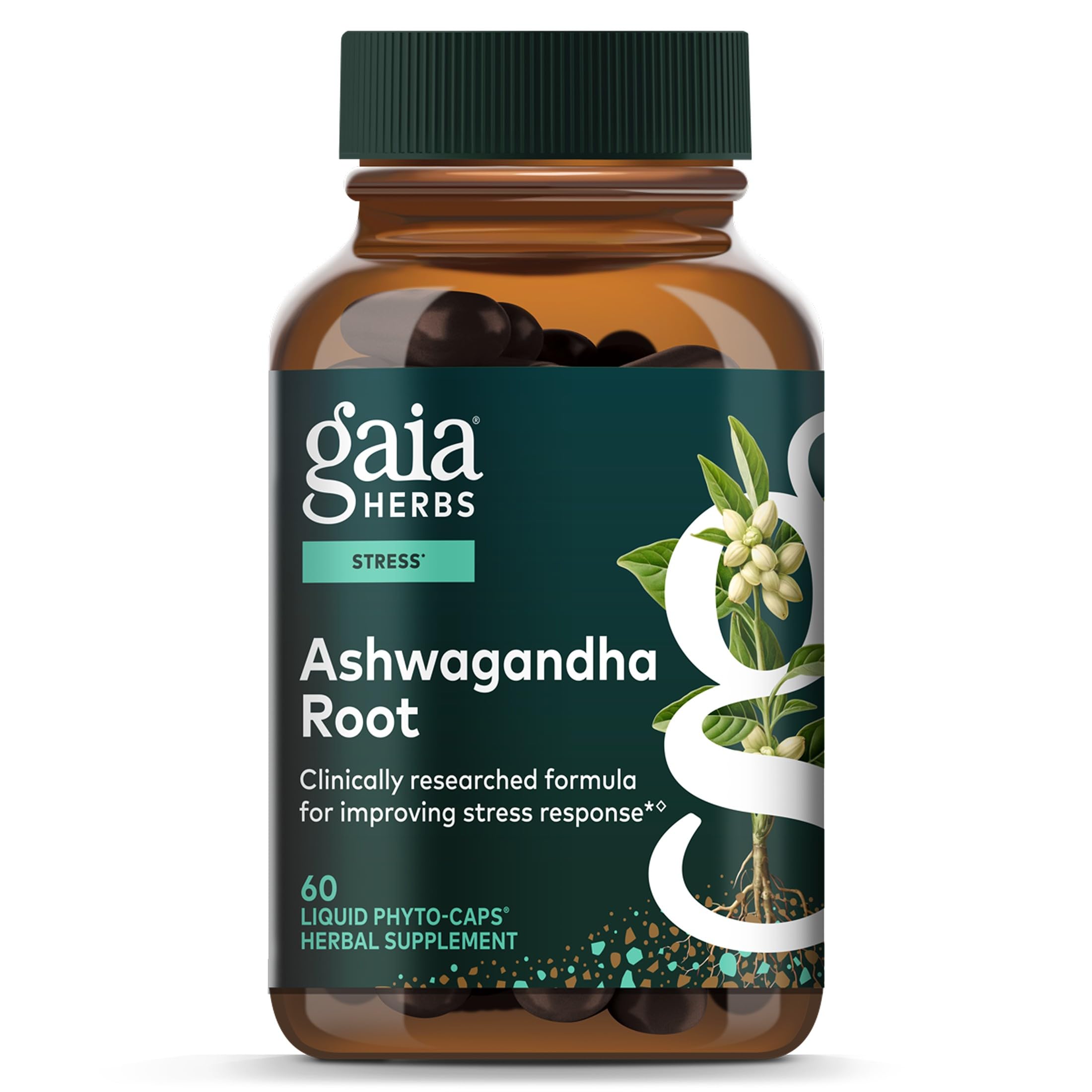 Gaia Herbs frasco frontal mostrando la etiqueta y beneficios