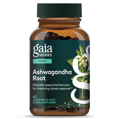Gaia Herbs frasco frontal mostrando la etiqueta y beneficios