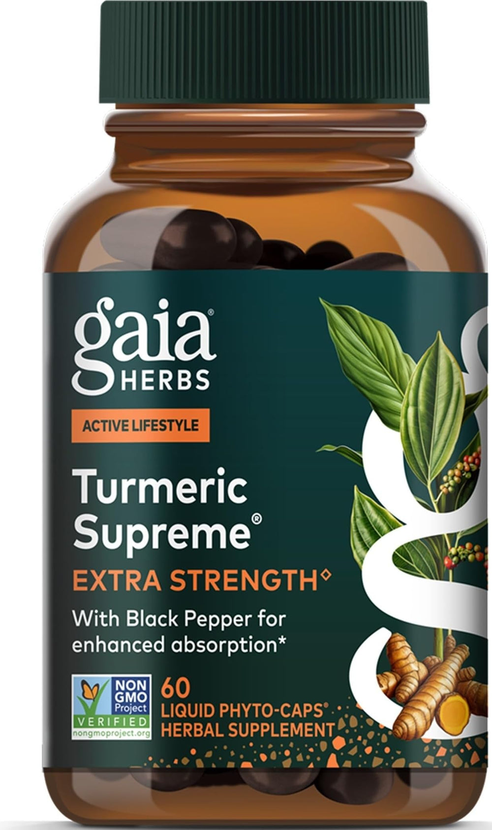 Gaia Herbs frasco frontal mostrando etiqueta y beneficio de movilidad
