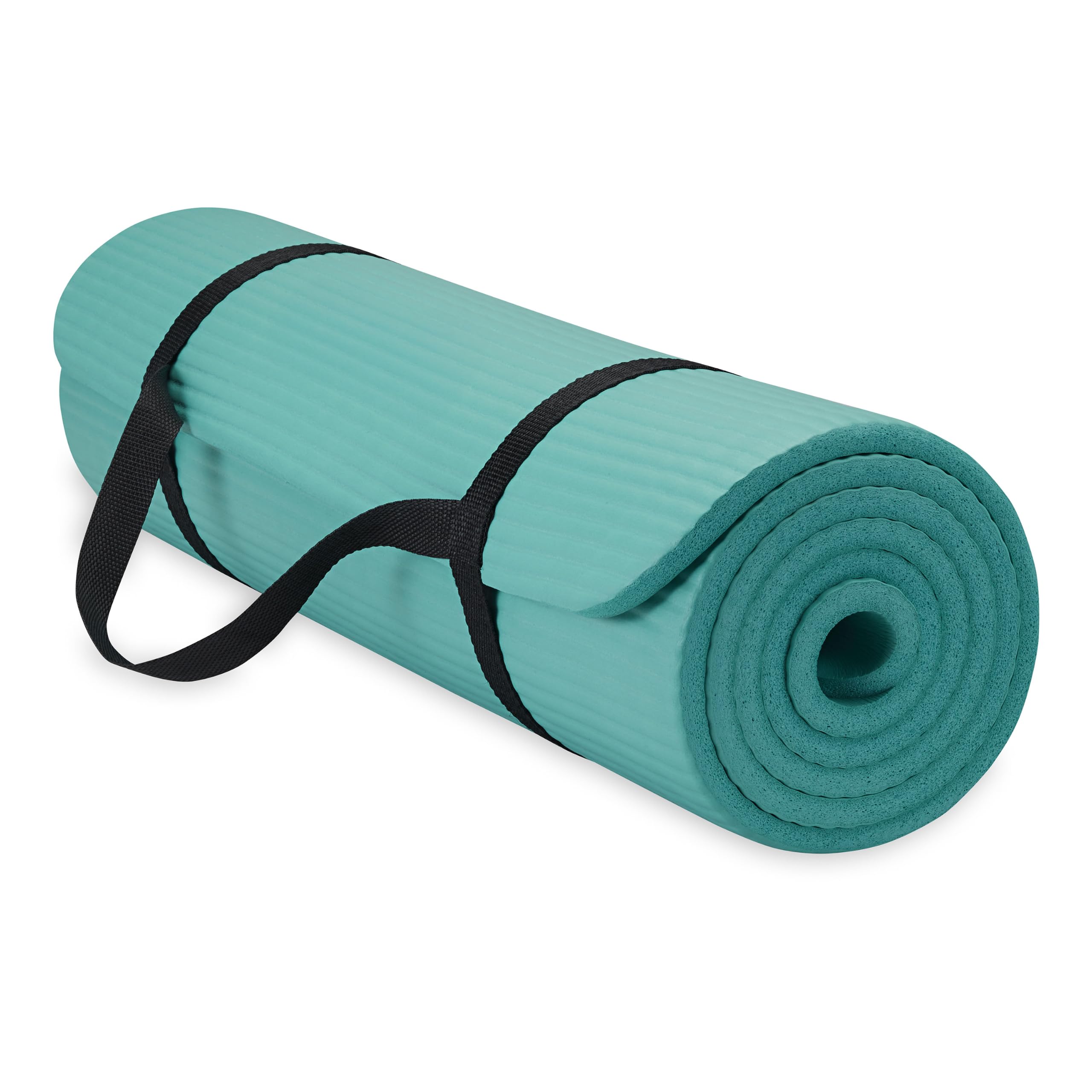 Gaiam vista frontal de la esterilla teal que muestra acolchado cómodo