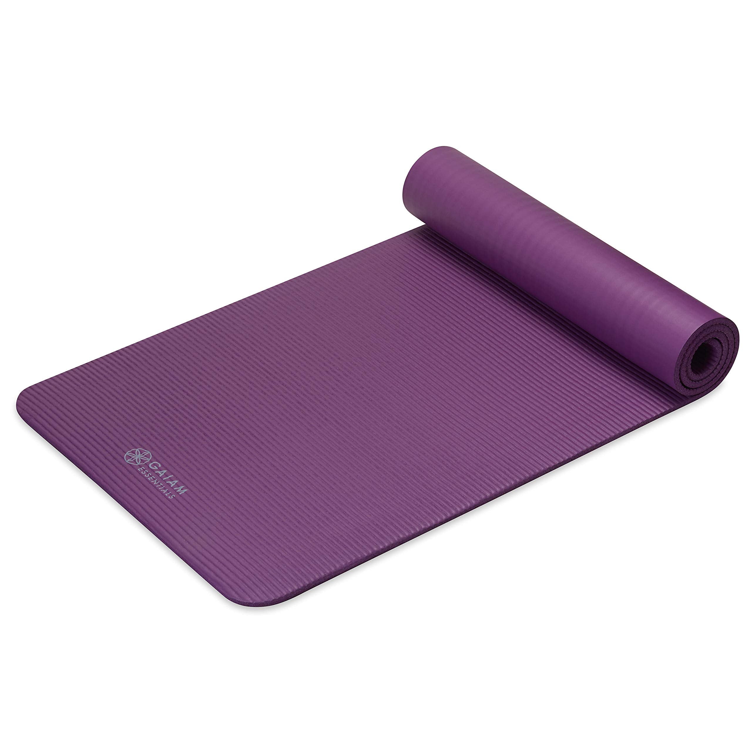 Gaiam etiqueta con información del material NBR y cuidado fácil sin olores fuertes