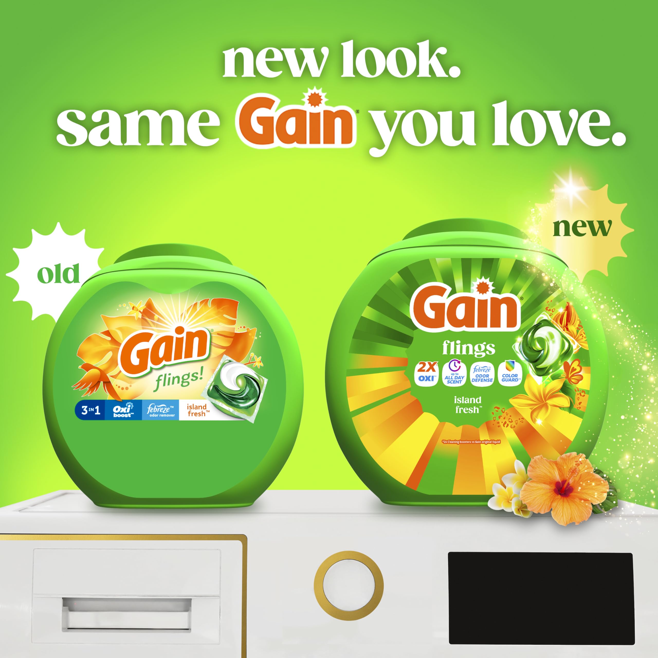 Close-up de una pac Gain Flings destacando su cápsula líquida y dosificación