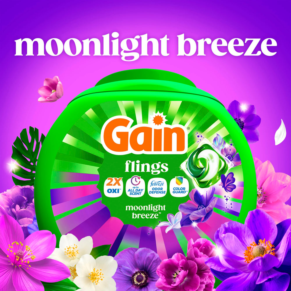 Etiqueta Gain Flings con información visible y beneficios del producto