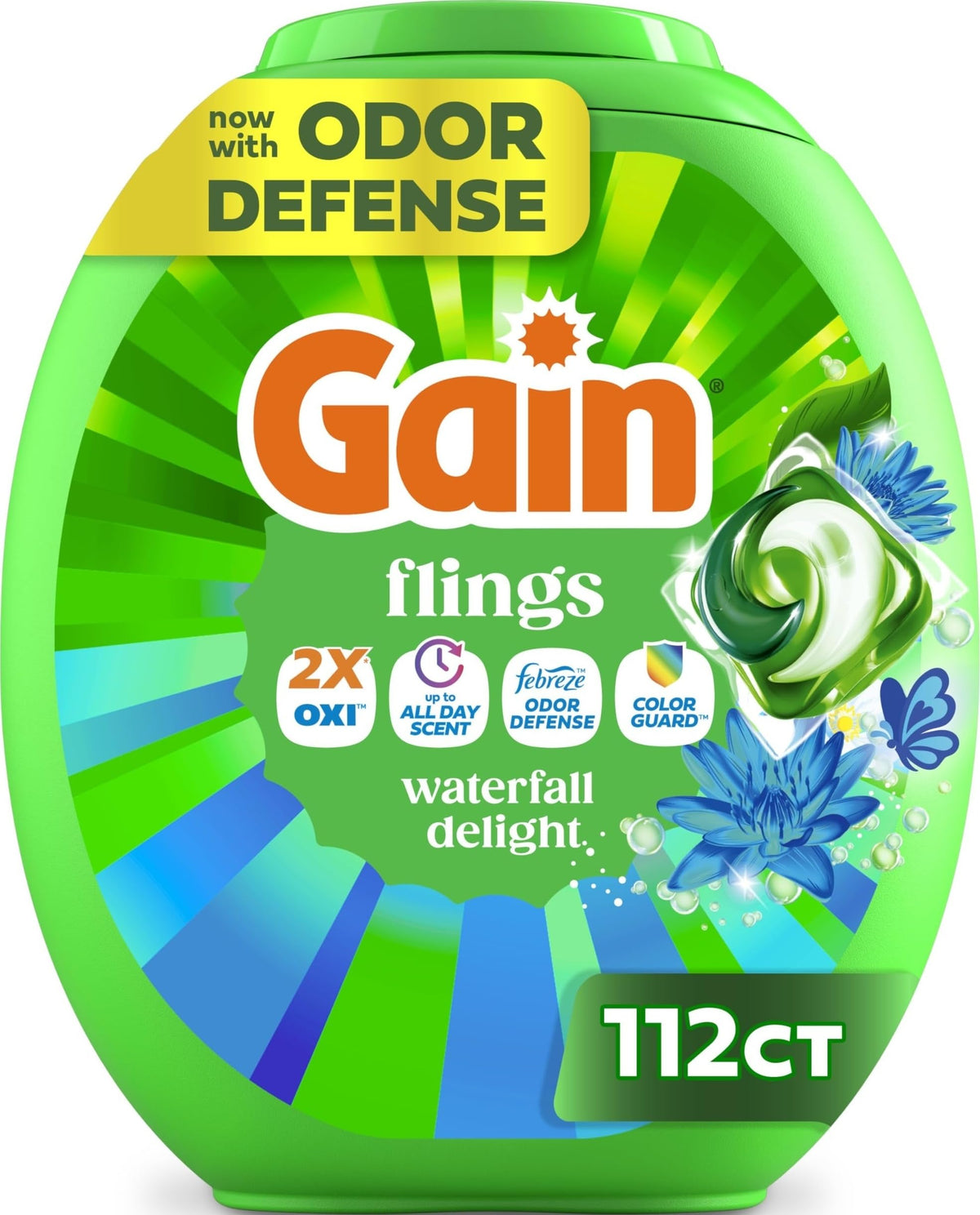 Gain envase frontal mostrando 112 pacs y beneficio de limpieza poderosa