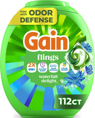 Gain envase frontal mostrando 112 pacs y beneficio de limpieza poderosa