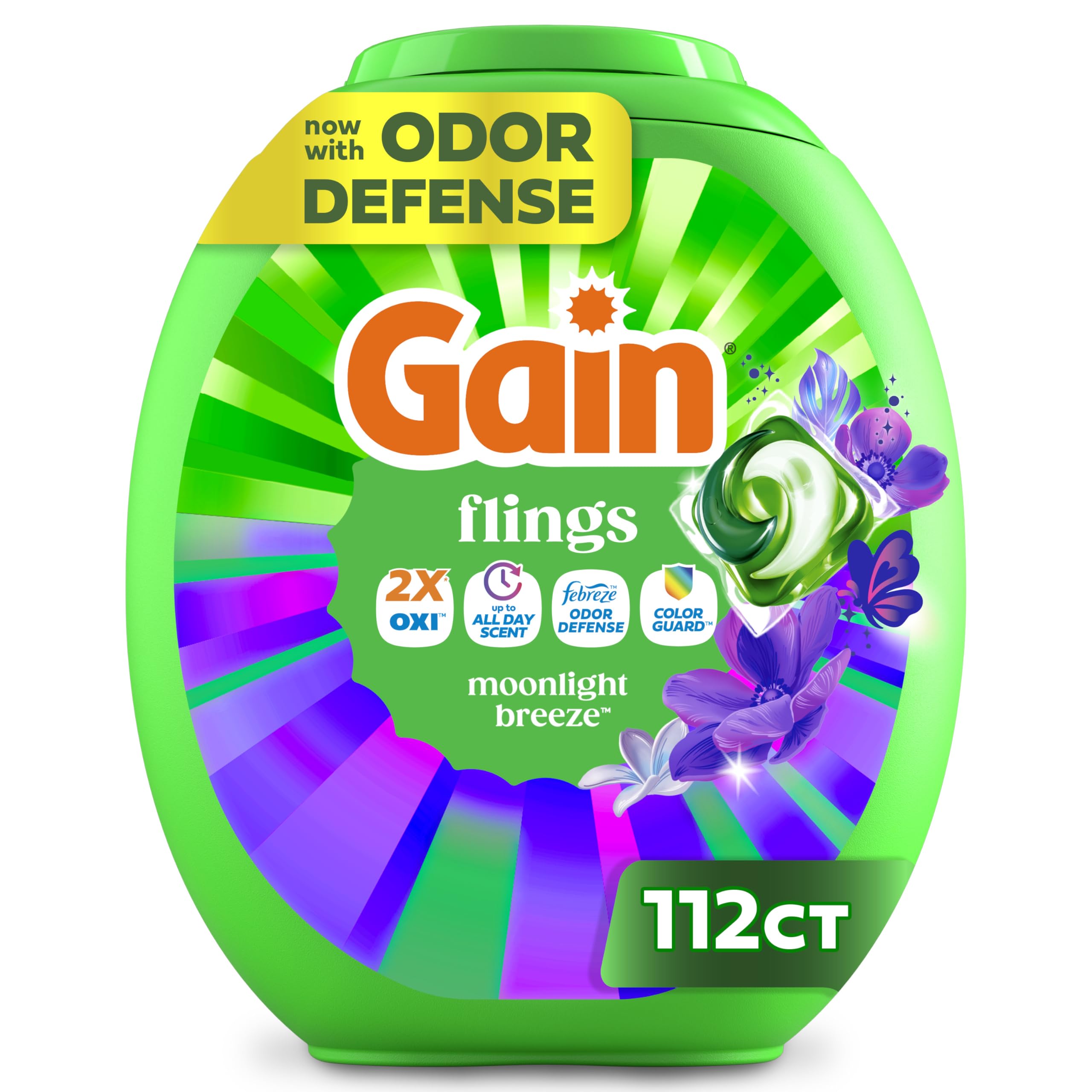 Gain Flings frente del envase mostrando cantidad 112 y conveniencia