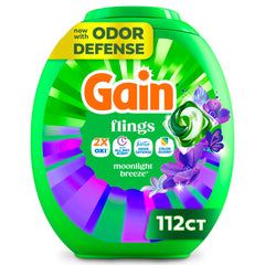 Gain Flings frente del envase mostrando cantidad 112 y conveniencia