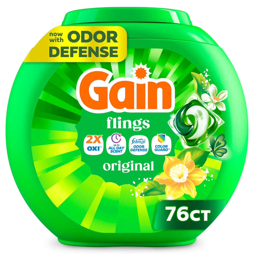 Gain envase frontal 76 unidades mostrando marca y conteo para compra clara