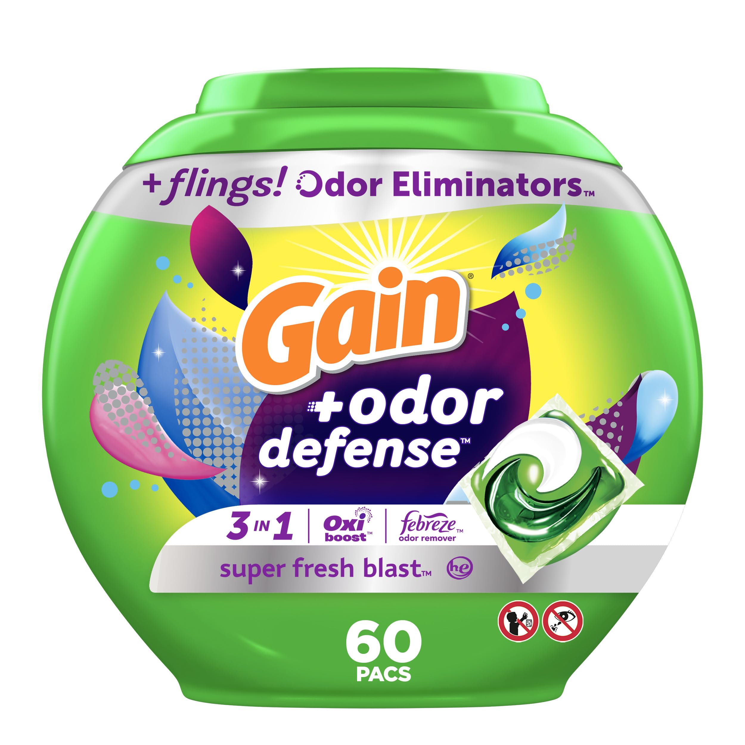 Gain envase frontal mostrando 60 pacs y beneficio de frescura duradera