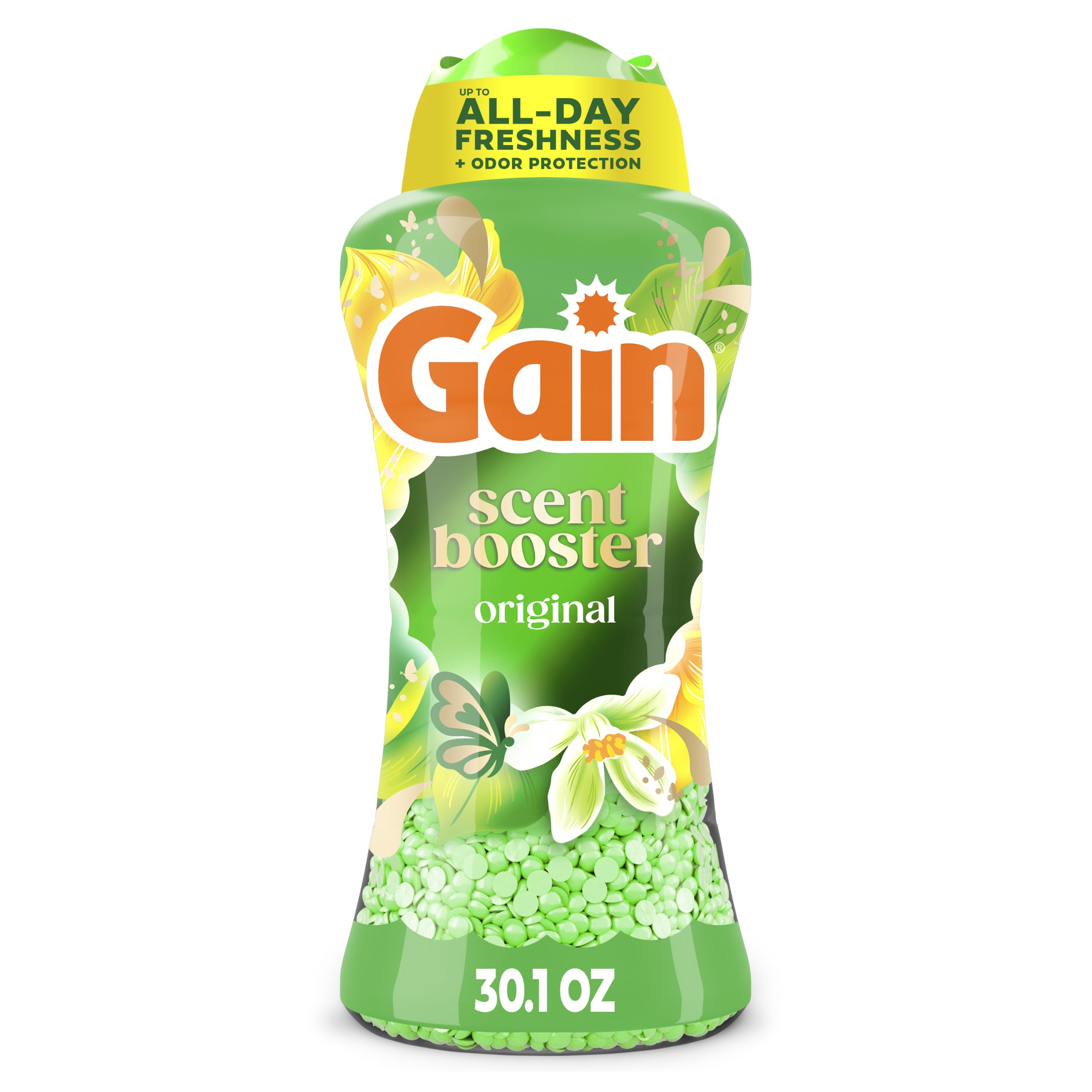 Gain envase frontal mostrando etiqueta y beneficio de fragancia duradera
