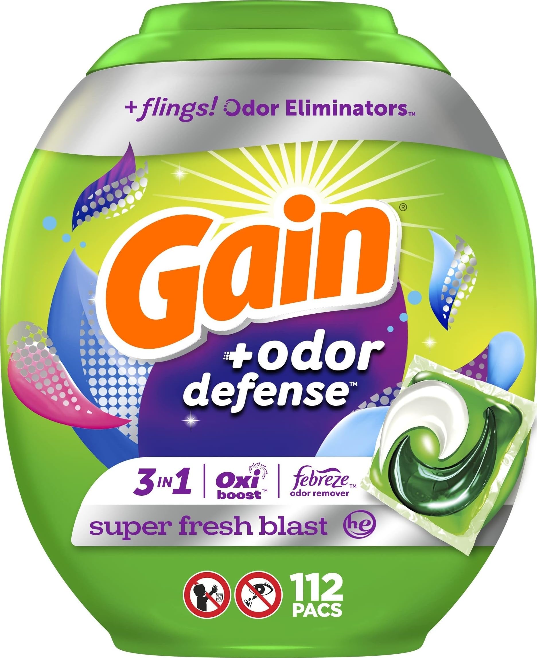 Gain empaque frontal Super Fresh Blast mostrando 112 pacs y beneficio conveniencia