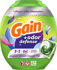 Gain empaque frontal Super Fresh Blast mostrando 112 pacs y beneficio conveniencia