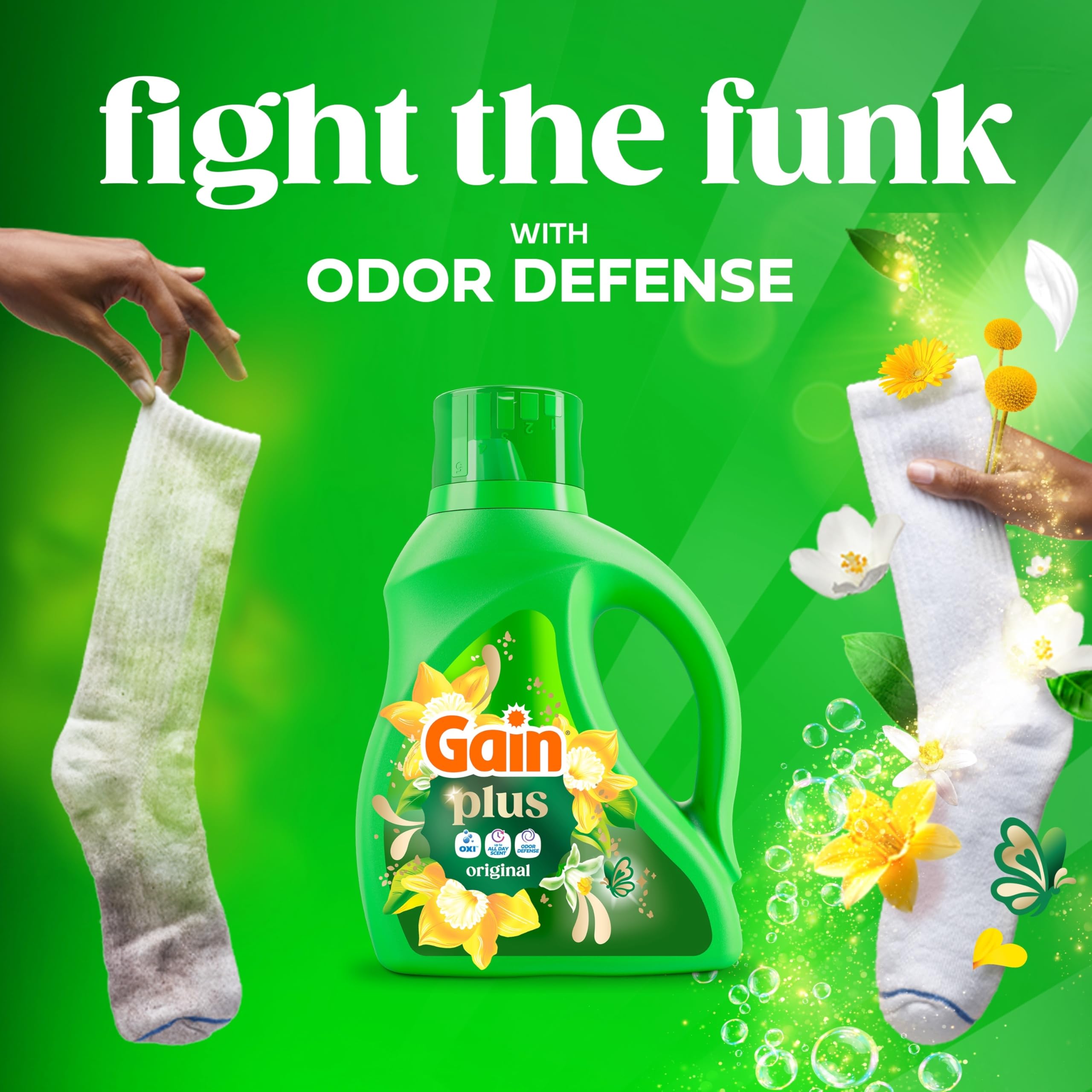 Etiqueta original de Gain Plus en el envase, identifica aroma cítrico-floral duradero