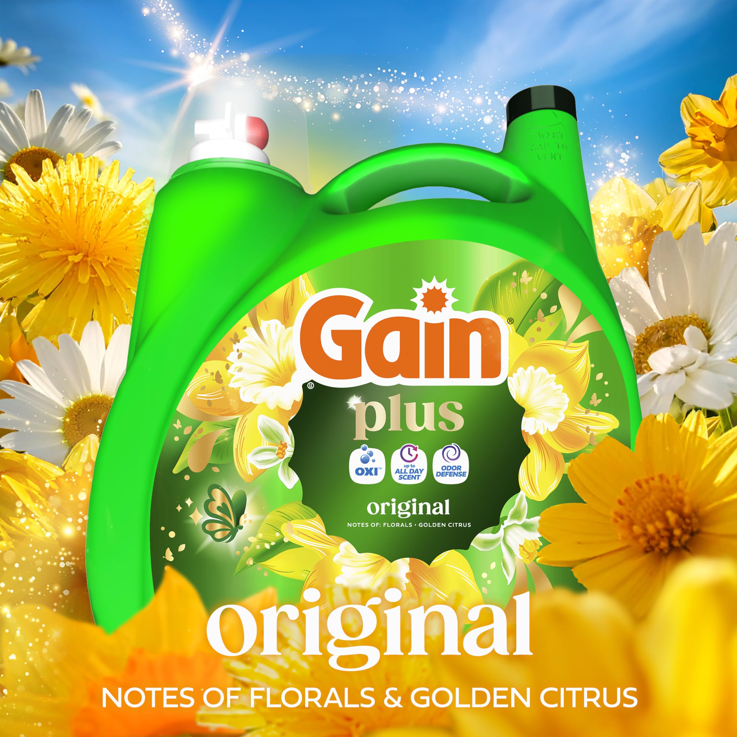 Comparación de tamaño del envase Gain Plus con manos para mostrar capacidad y valor