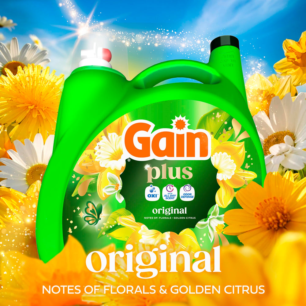 Comparación de tamaño del envase Gain Plus con manos para mostrar capacidad y valor