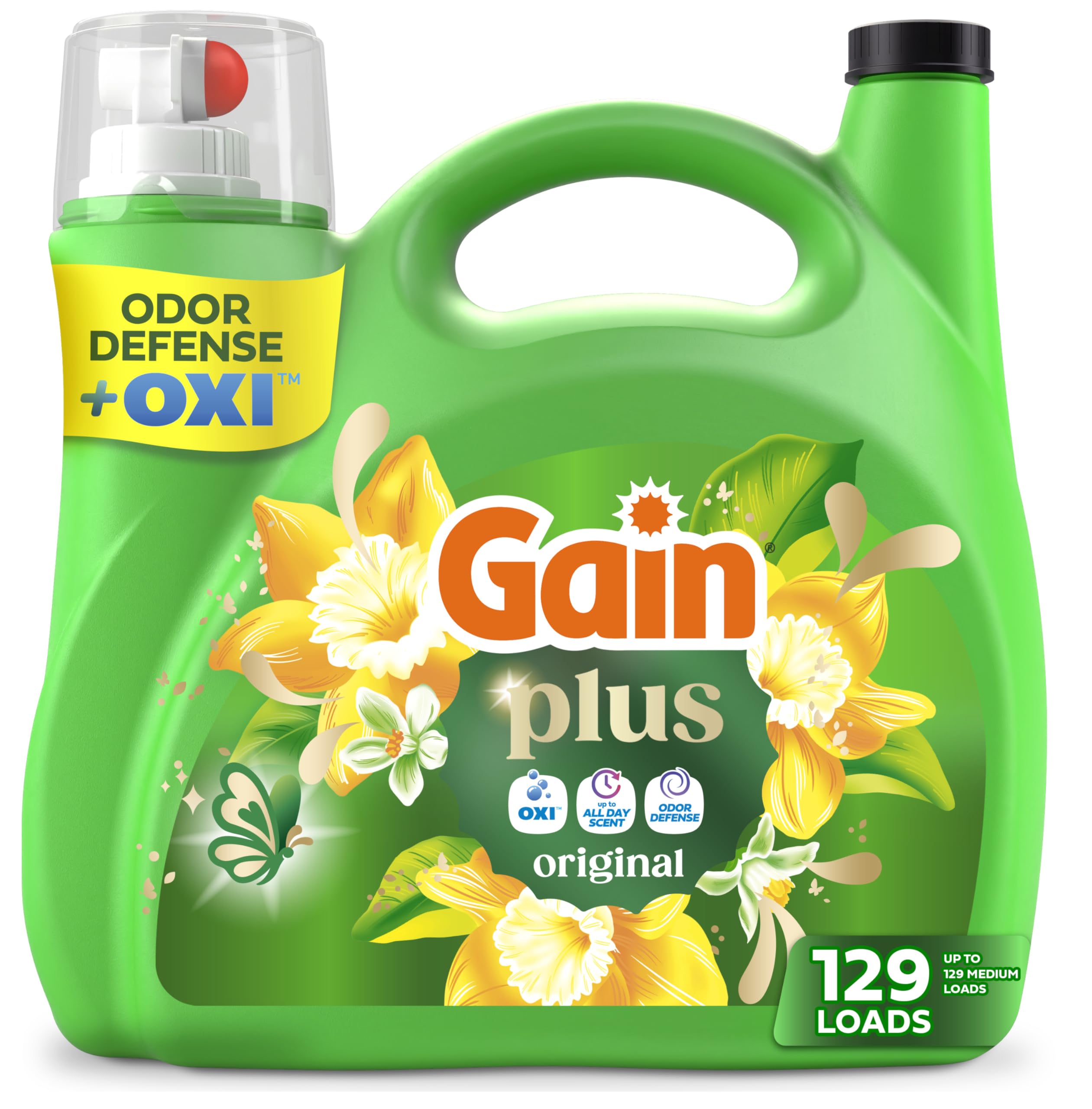 Gain Plus frontal 170 fl oz mostrando envase y rendimiento, limpieza reforzada