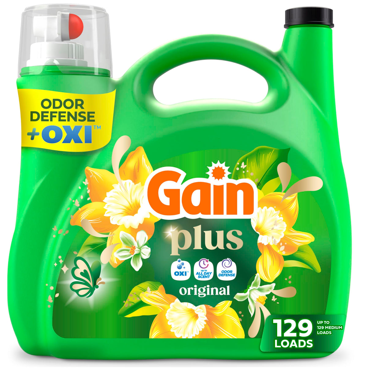 Gain Plus frontal 170 fl oz mostrando envase y rendimiento, limpieza reforzada