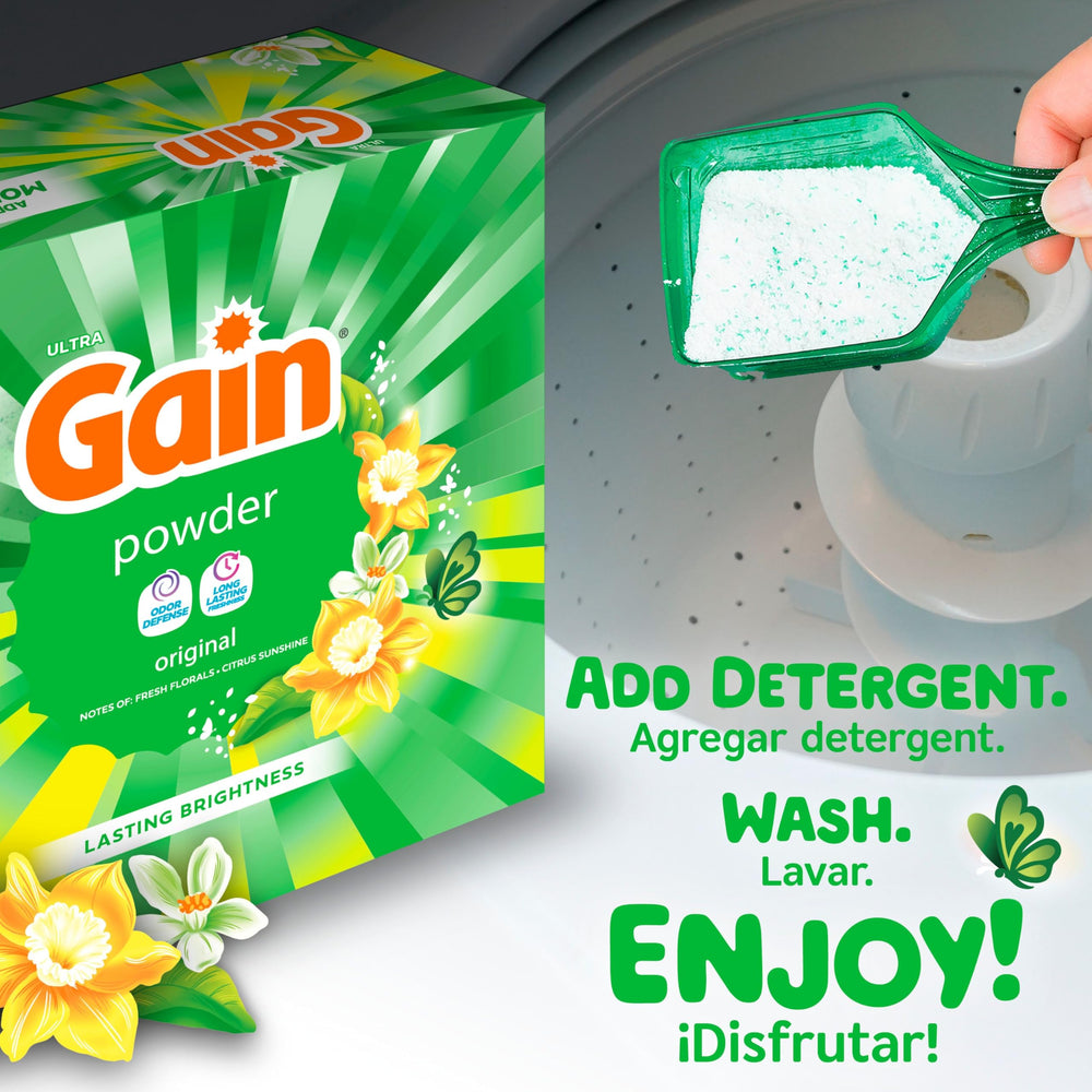 Envase Gain dentro de caja de lavandería, organización y conveniencia