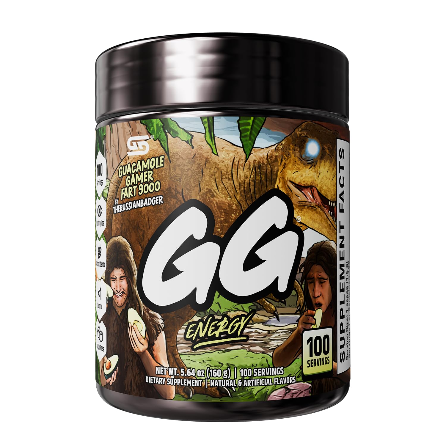Gamer Supps envase frontal mostrando marca y sabor, ventaja de 100 raciones