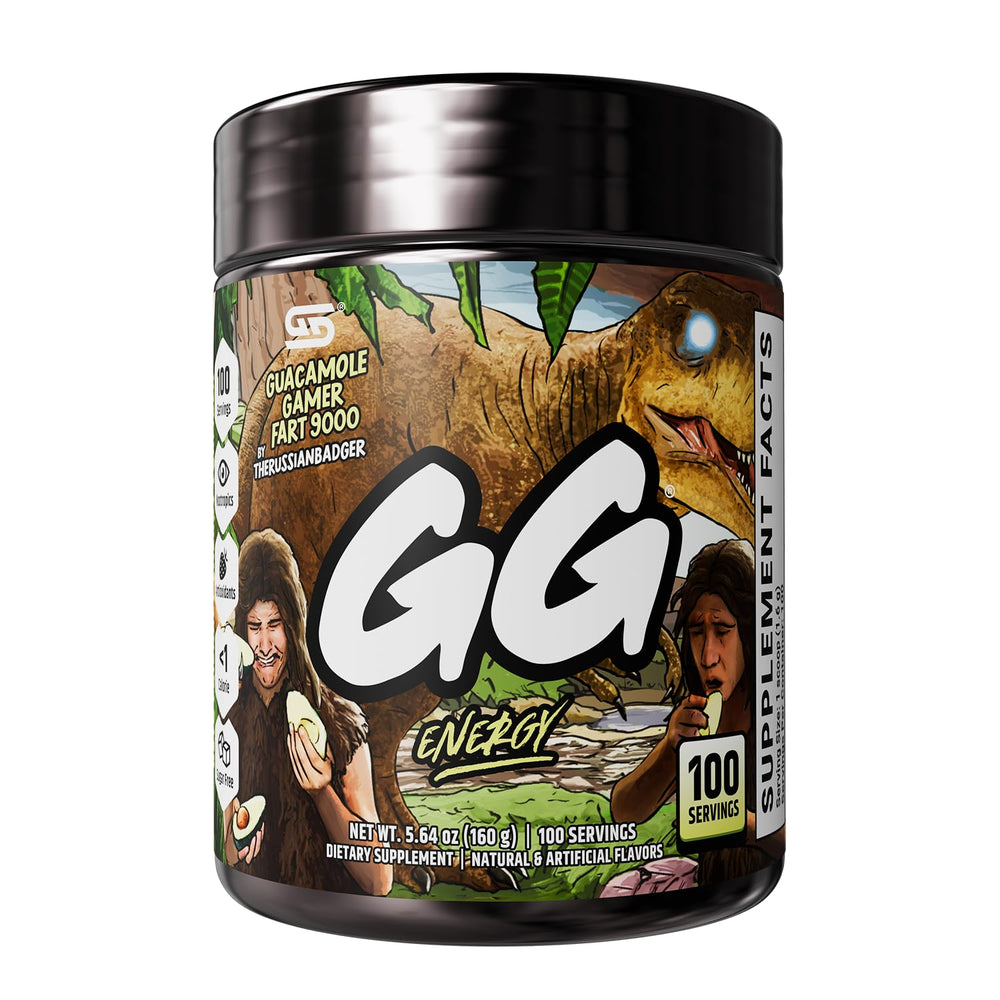 Gamer Supps envase frontal mostrando marca y sabor, ventaja de 100 raciones