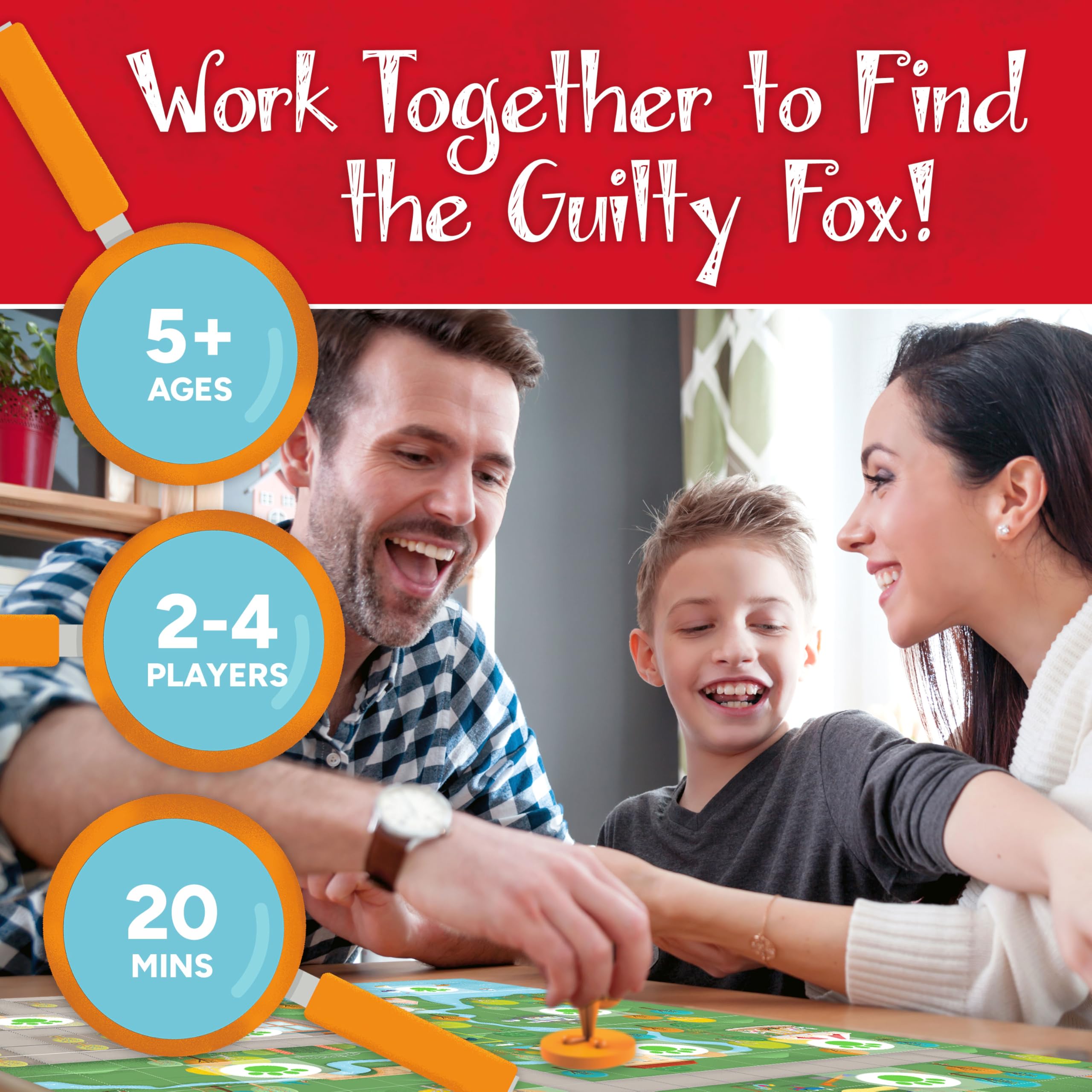 Gamewright Outfoxed detalle del tablero con ilustraciones claras y pistas
