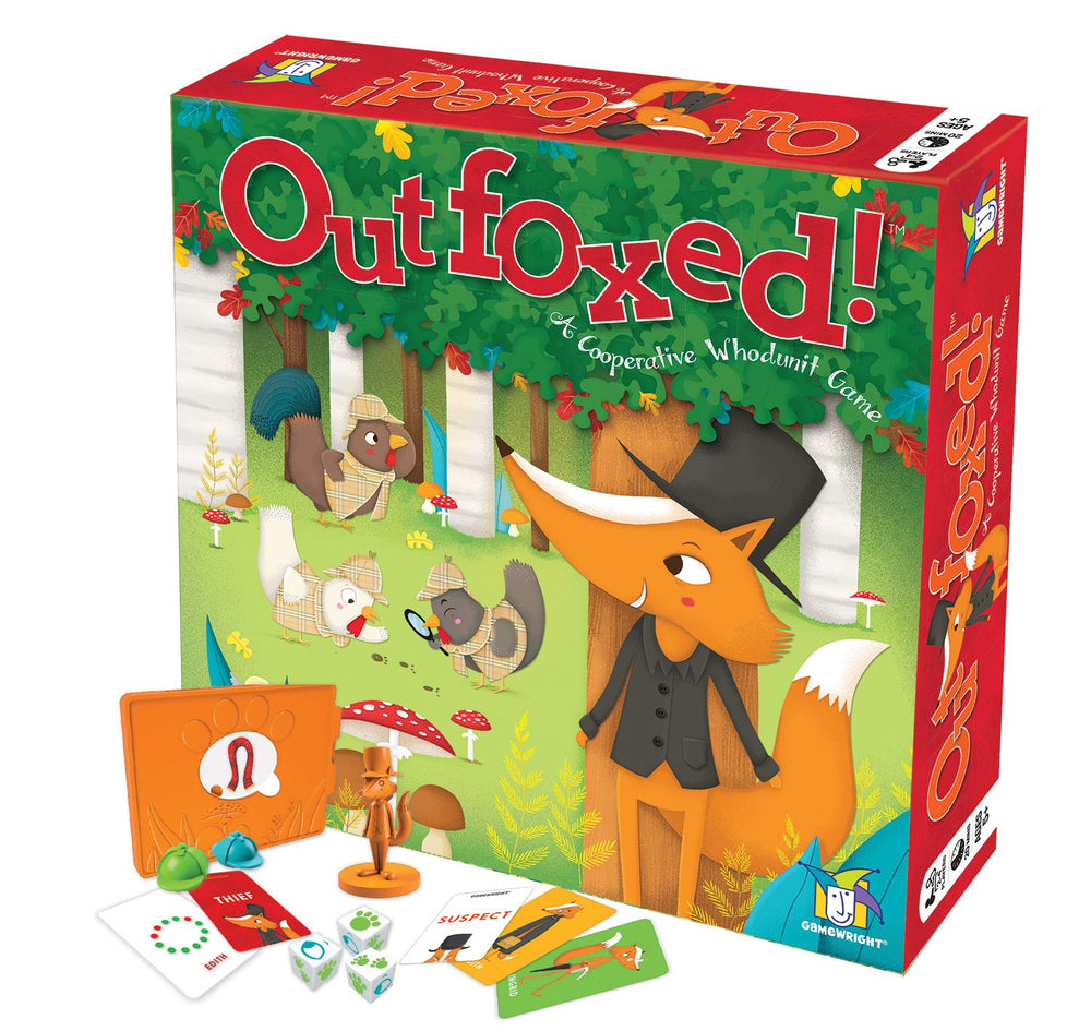 Gamewright Outfoxed frente del empaque mostrando caja colorida y beneficios
