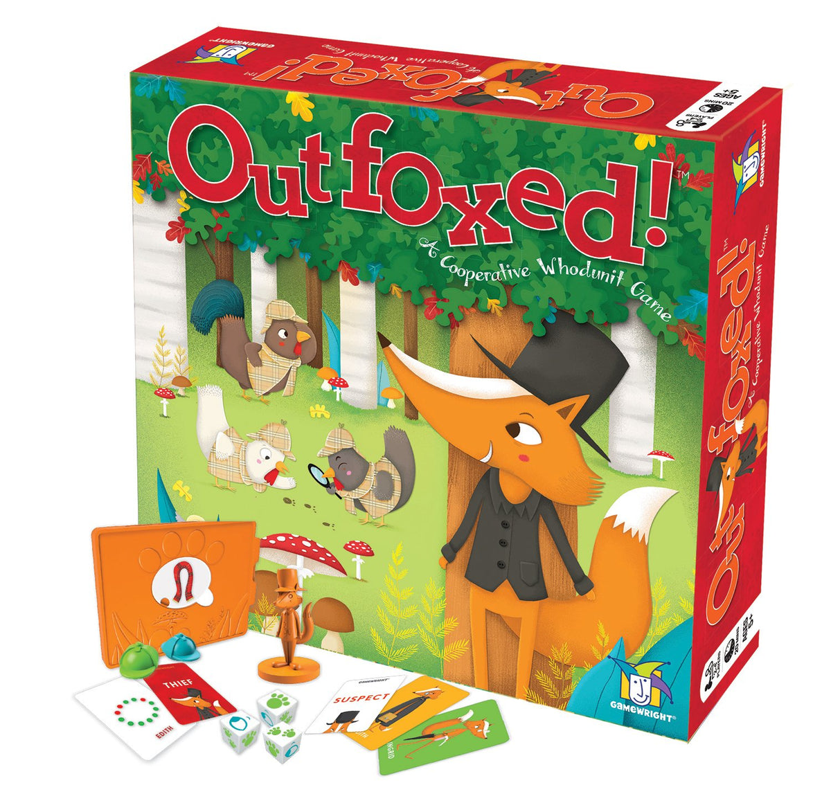 Gamewright Outfoxed frente del empaque mostrando caja colorida y beneficios