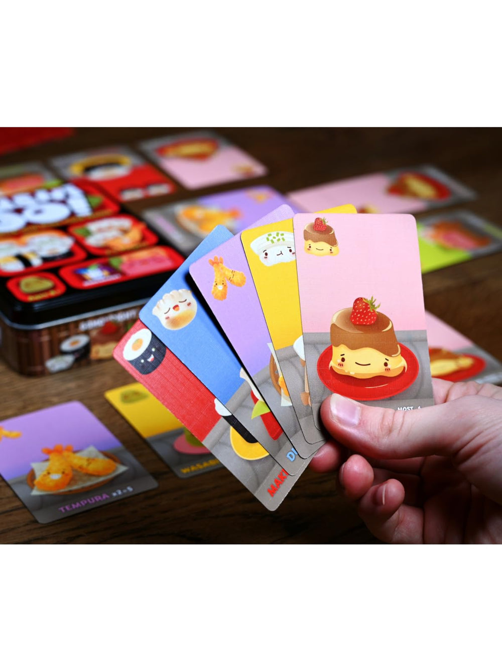 Gamewright Sushi Go cartas desplegadas para ver variedad y claridad visual