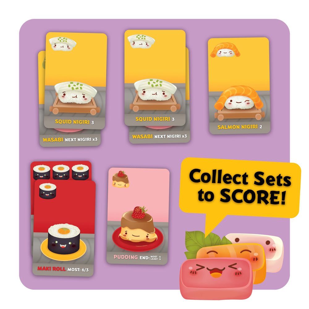 Gamewright Sushi Go manos pasando cartas demostrando dinámica de juego