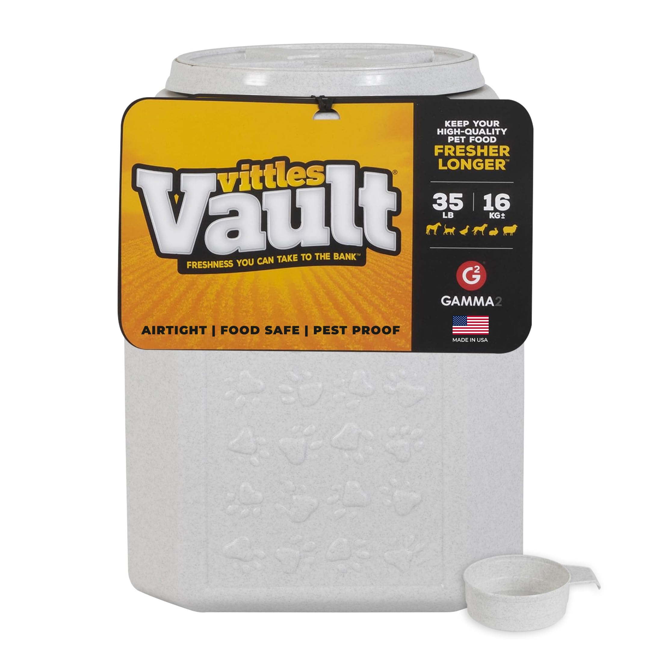 Gamma2 Vittles Vault front view showing secure lid and durable bin preserving pet food