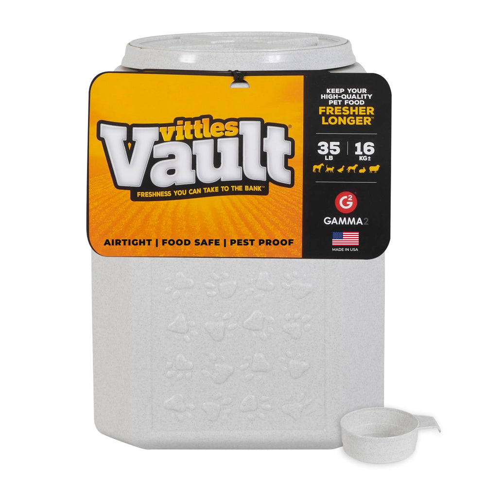 Gamma2 Vittles Vault front view showing secure lid and durable bin preserving pet food