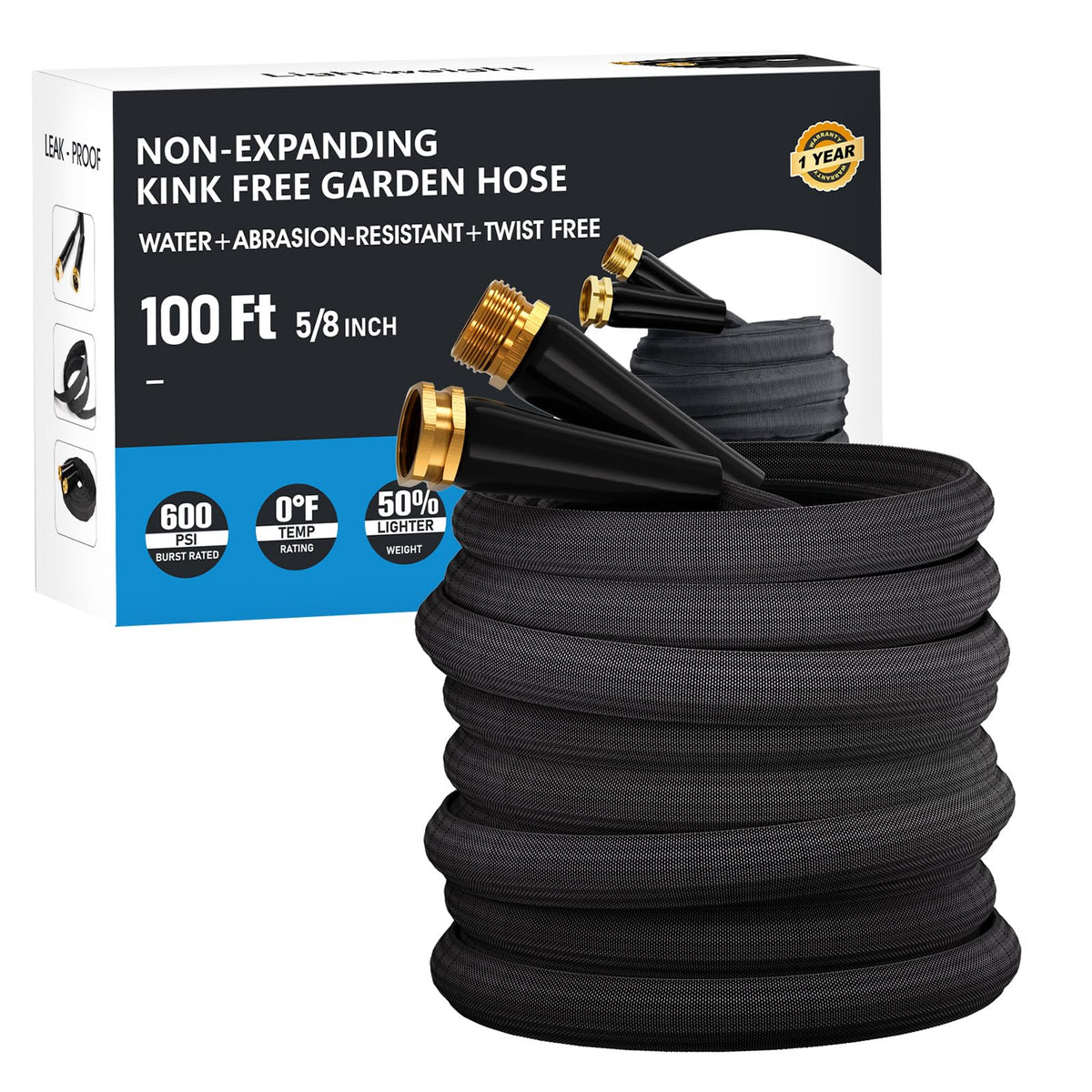 GAMSOD manguera 100 ft frontal mostrando empaque resistente y longitud