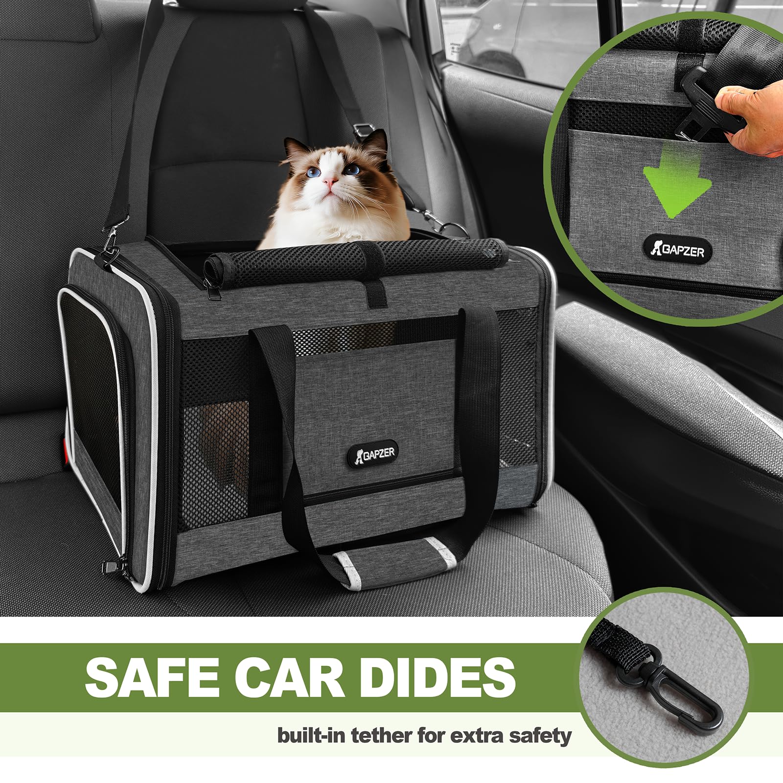 GAPZER with seatbelt threaded through side pass-through for car safety