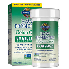 Garden of Life frasco frente mostrando marca y beneficio de colon saludable