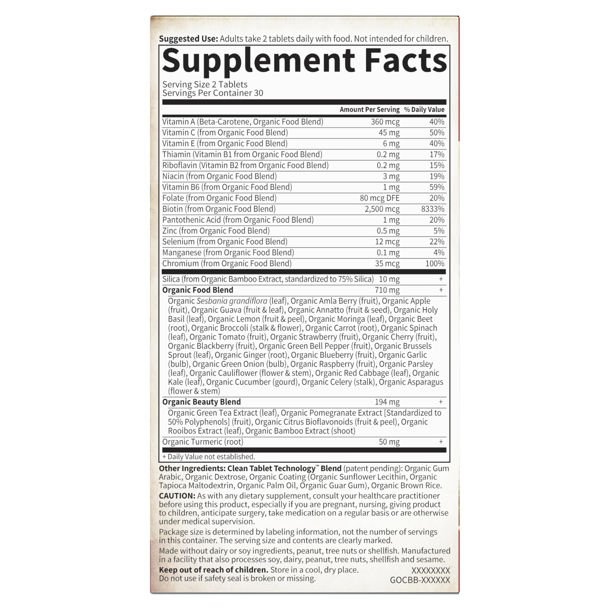 Garden of Life etiqueta nutricional en primer plano, transparencia de ingredientes