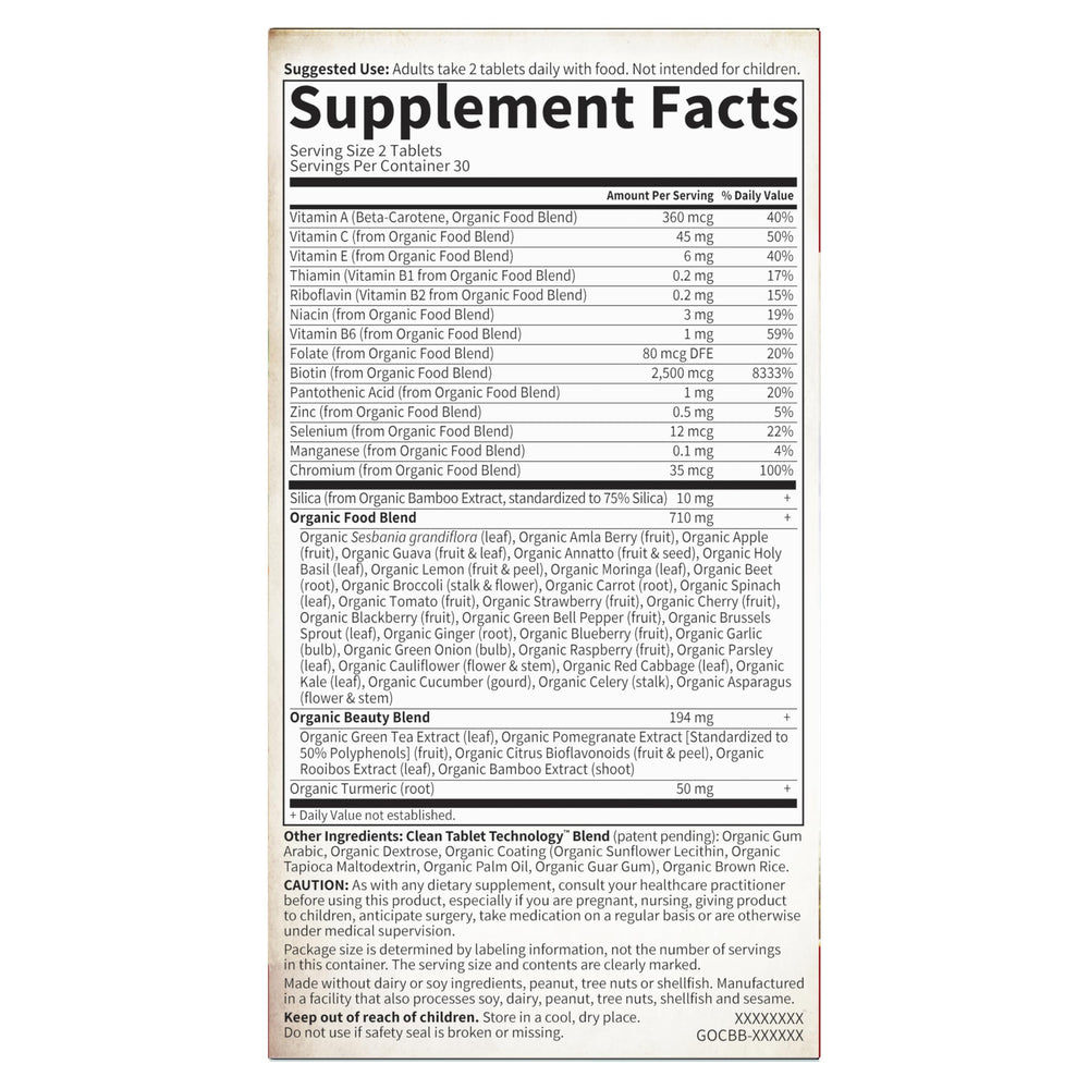 Garden of Life etiqueta nutricional en primer plano, transparencia de ingredientes