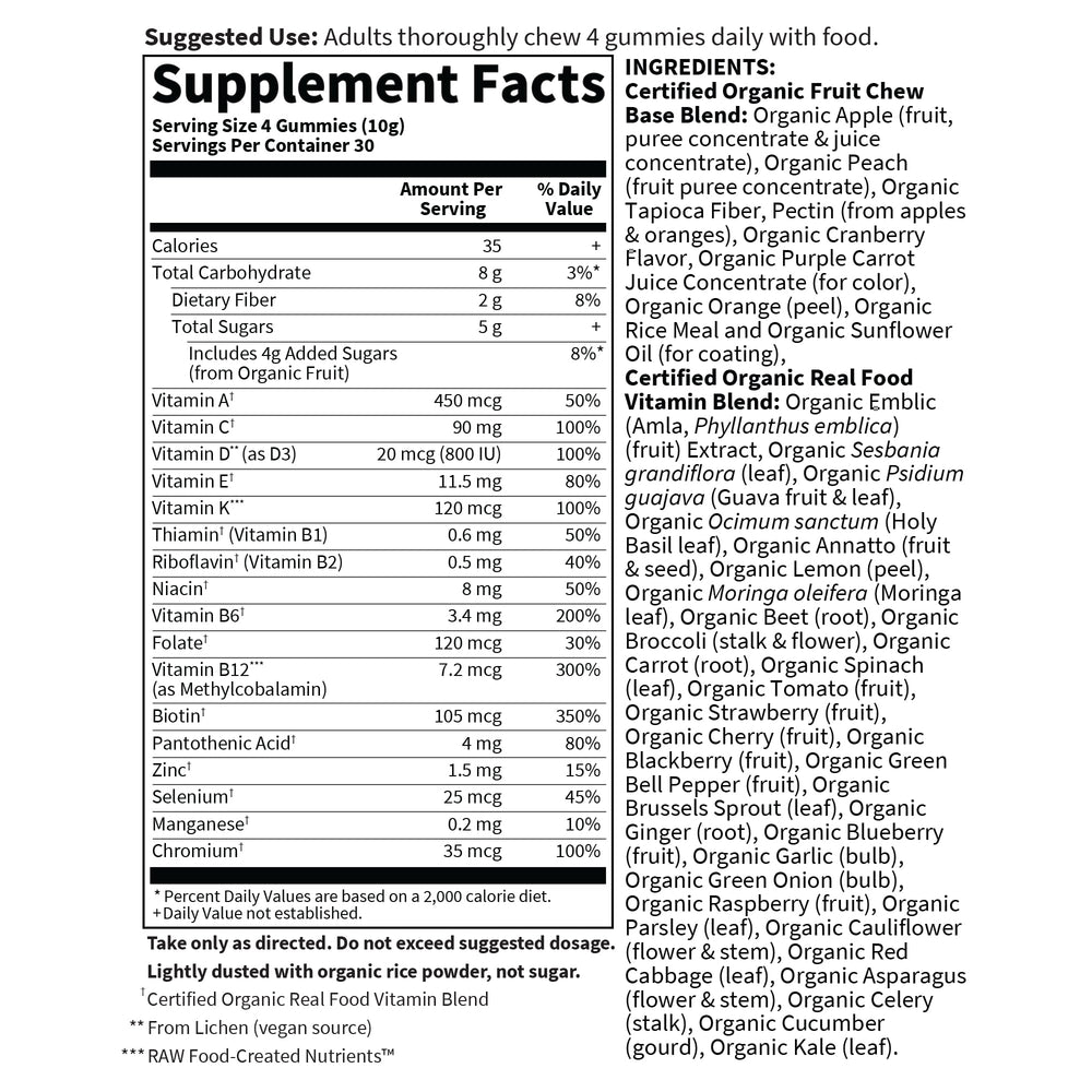 Garden of Life etiqueta nutricional legible con información de vitaminas