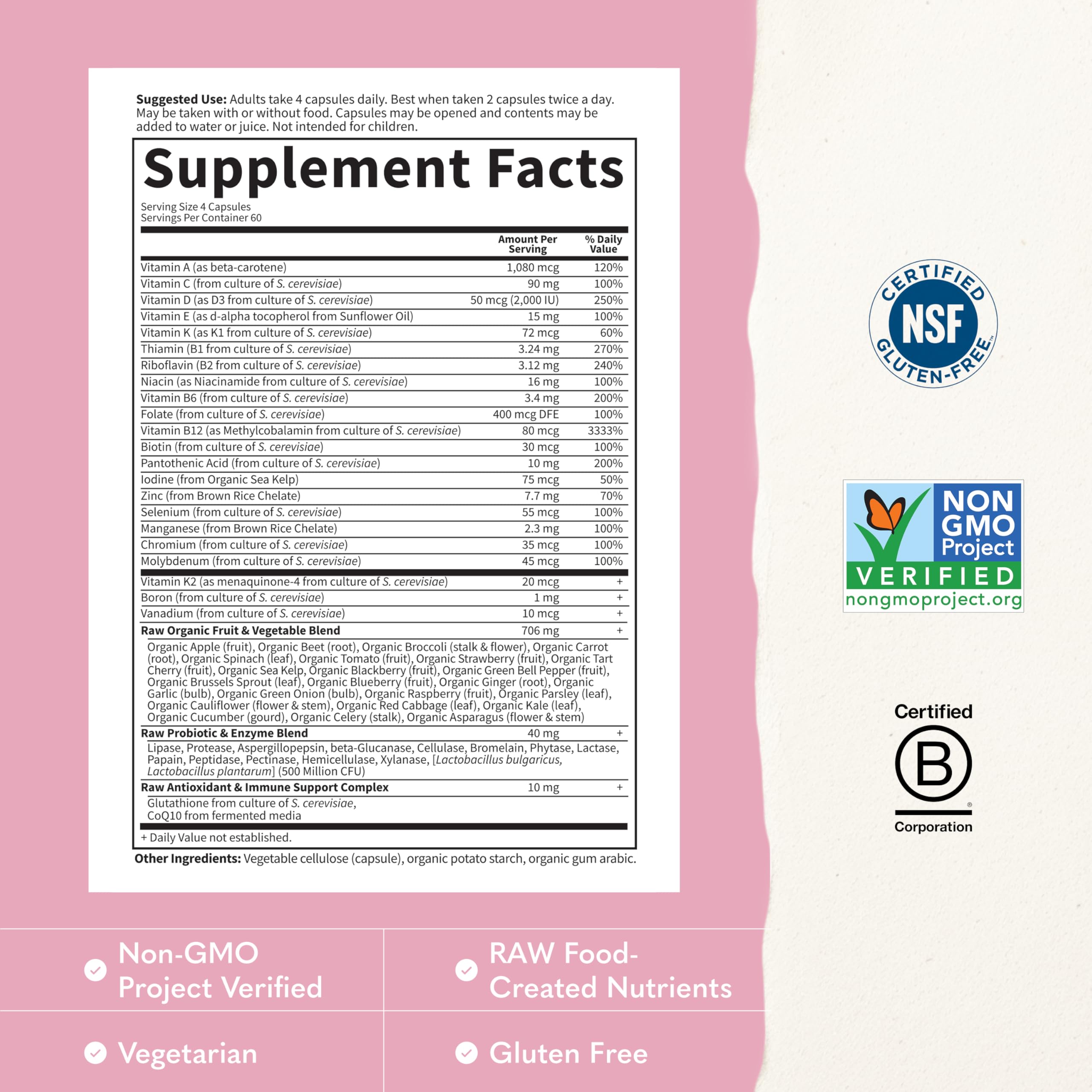 Garden of Life etiqueta con lista de nutrientes y certificaciones visibles