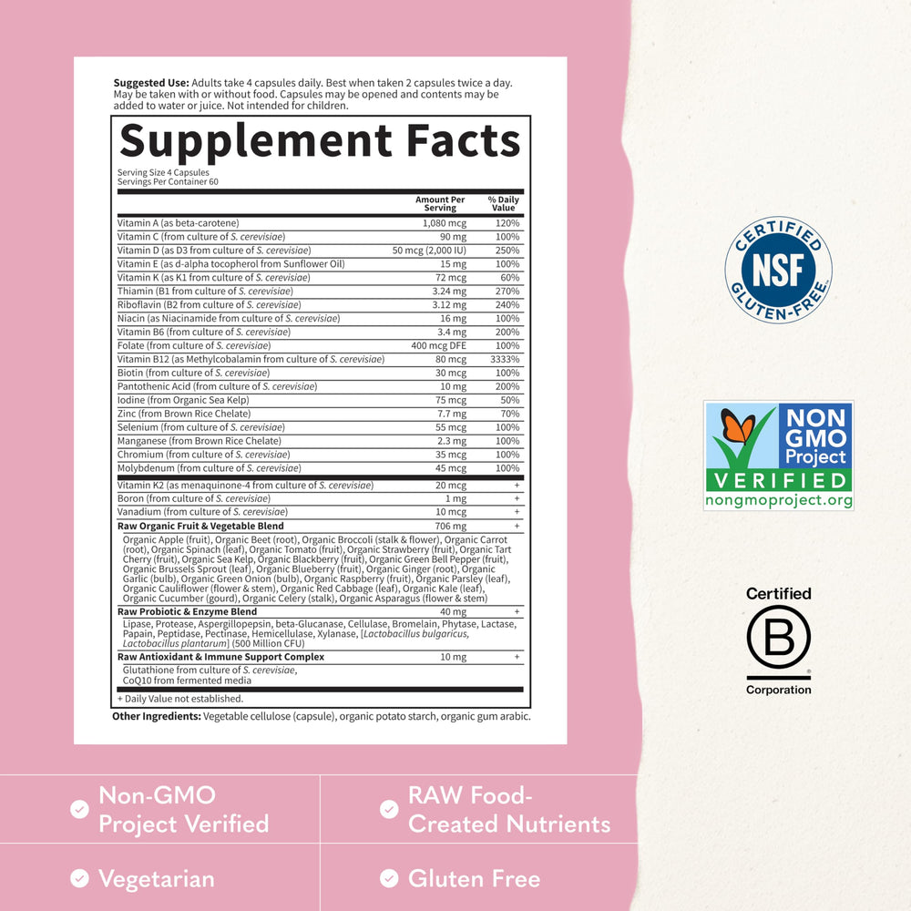Garden of Life etiqueta con lista de nutrientes y certificaciones visibles