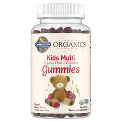 Garden of Life frasco frente sabor cereza mostrando 120 gomitas y beneficios orgánicos