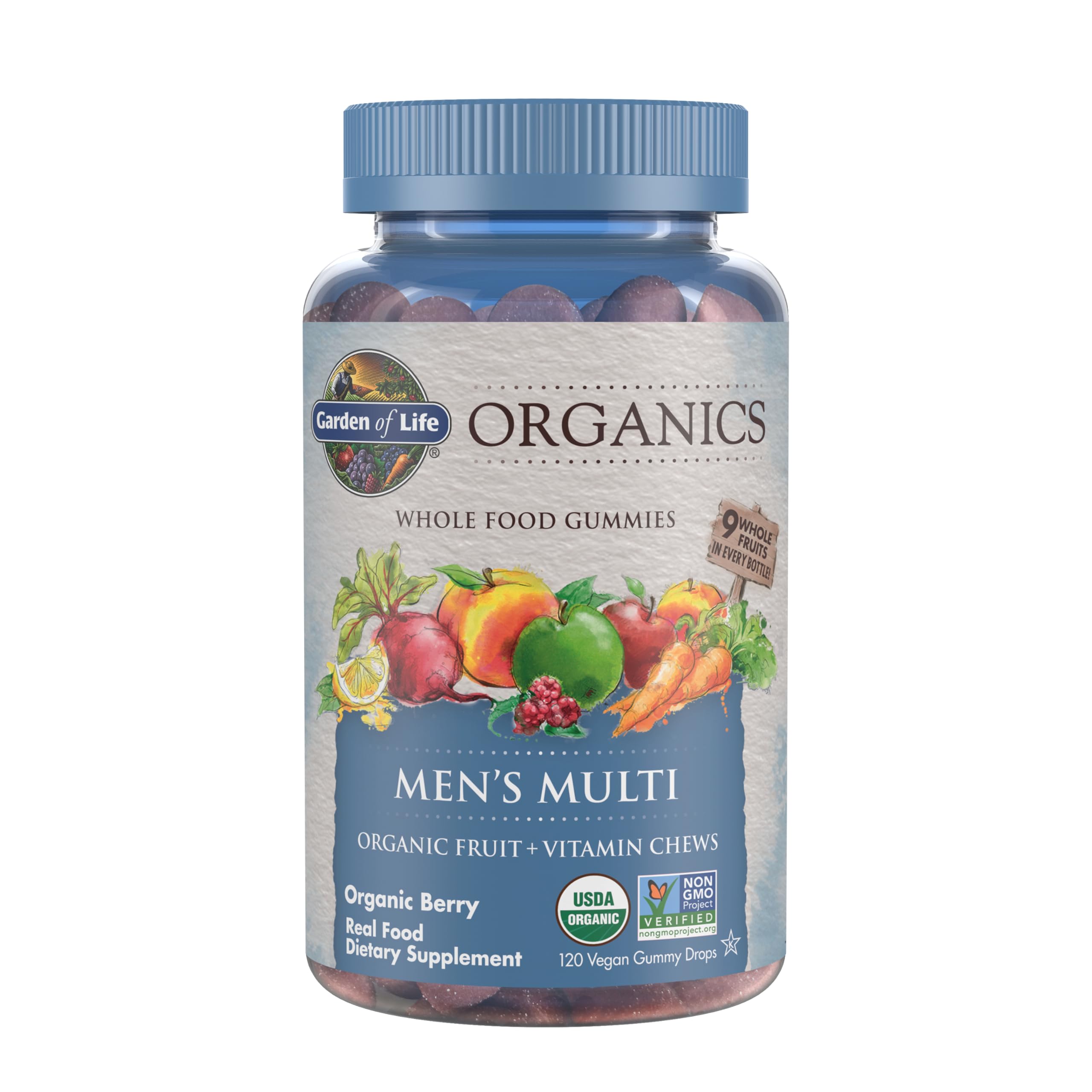 Garden of Life frasco frontal mostrando etiqueta y beneficios