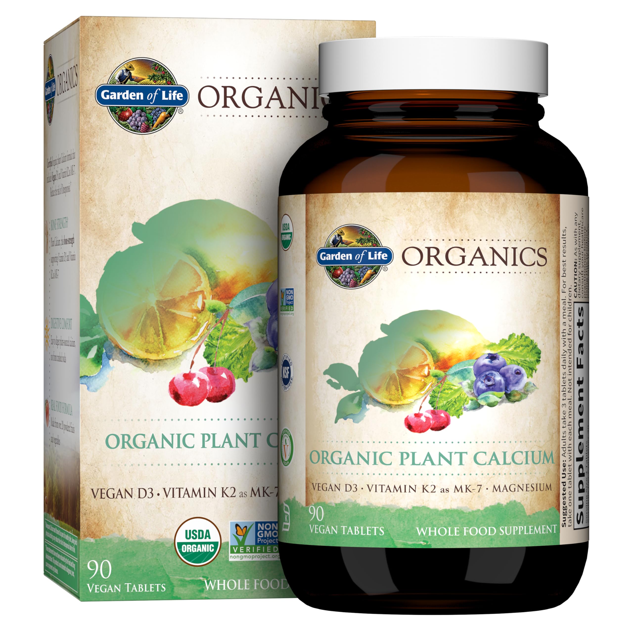 Garden of Life frasco frontal del suplemento de calcio vegetal mostrando el envase y beneficios