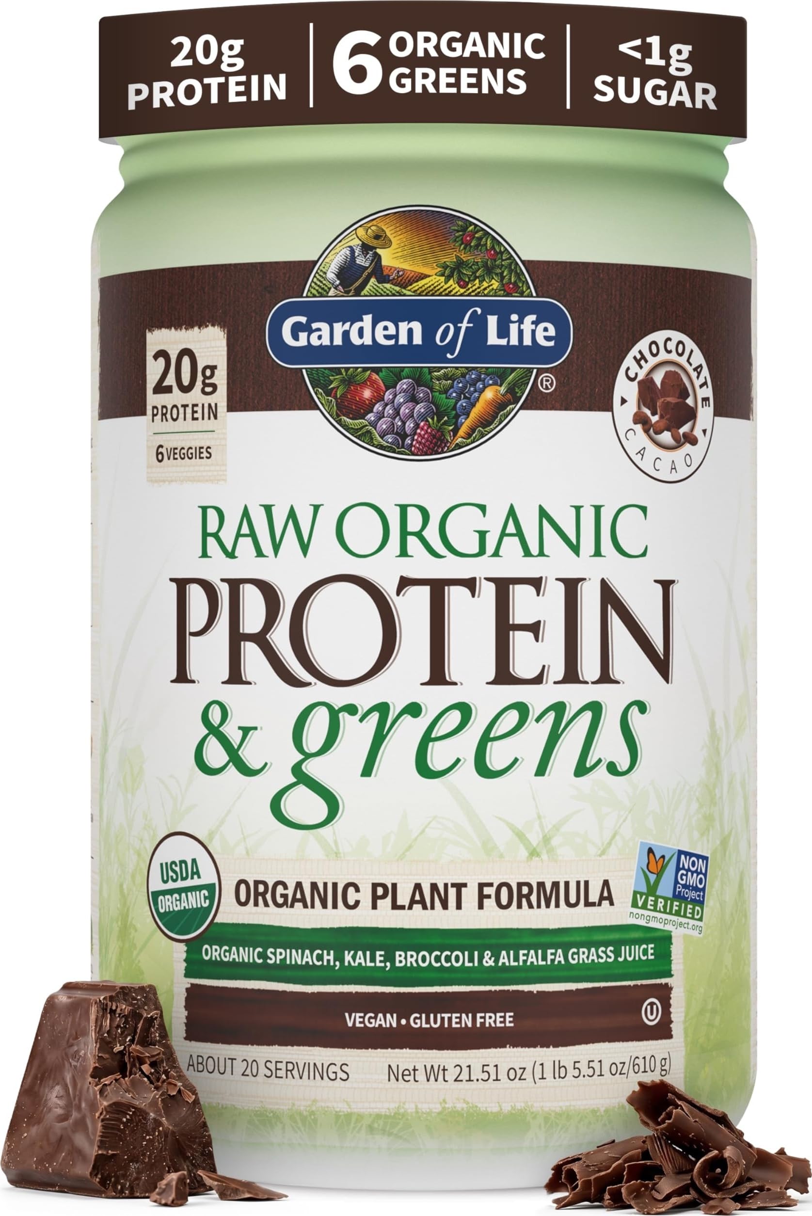 Garden of Life vista frontal del envase chocolate, aporte proteico claro